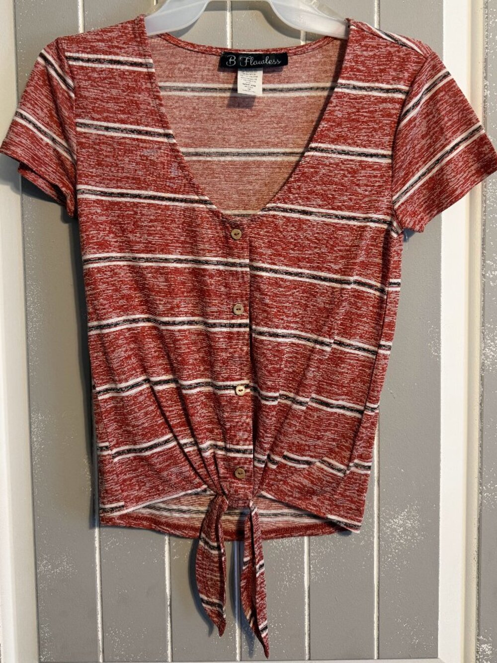 B Flawless Juniors Short Sleeve Front Tie Shirt Stripes Red White Black XS NWOT